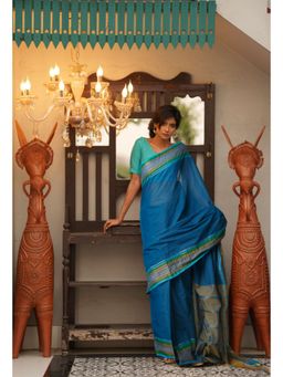 Unnati Silks - Dark Blue Pure Handloom Mangalgiri Cotton Saree with Unstitched Blouse