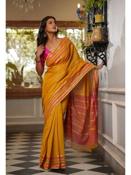 Unnati Silks - Dark Gold Pure Handloom Mangalgiri Cotton Saree with Unstitched Blouse