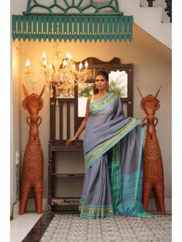 Unnati Silks - Grey Pure Handloom Mangalgiri Cotton Saree with Unstitched Blouse