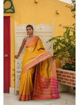 Unnati Silks - Mustard Pure Handloom Mangalgiri Cotton Saree with Unstitched Blouse