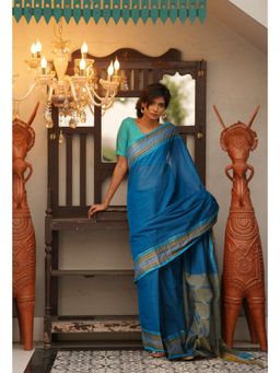 Unnati Silks - Dark Blue Pure Handloom Mangalgiri Cotton Saree with Unstitched Blouse