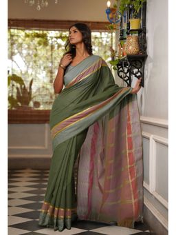 Unnati Silks - Uniform Green Pure Handloom Mangalgiri Cotton Saree with Unstitched Blouse