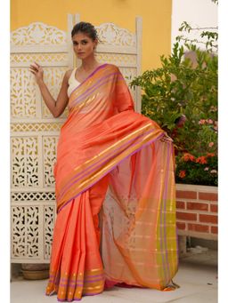 Unnati Silks - Salmon Orange Pure Handloom Mangalgiri Cotton Saree with Unstitched Blouse