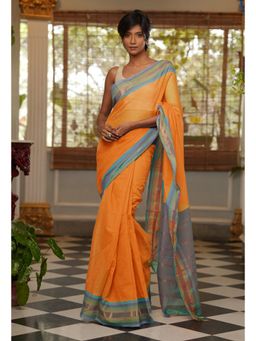 Unnati Silks - Orange Pure Handloom Mangalgiri Cotton Saree with Unstitched Blouse