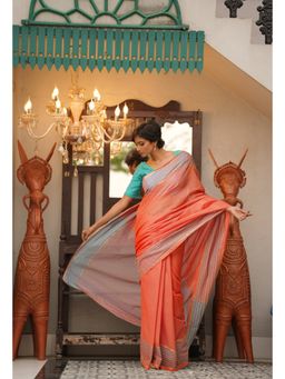 Unnati Silks - Salmon Orange Pure Handloom Mangalgiri Cotton Saree with Unstitched Blouse