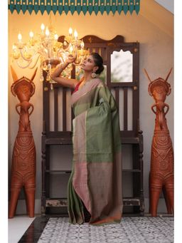 Unnati Silks - Uniform Green Pure Handloom Mangalgiri Cotton Saree with Unstitched Blouse