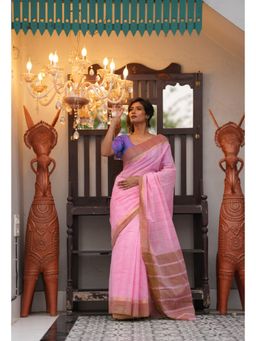 Unnati Silks - Pink Pure Handloom Mangalgiri Cotton Saree with Unstitched Blouse