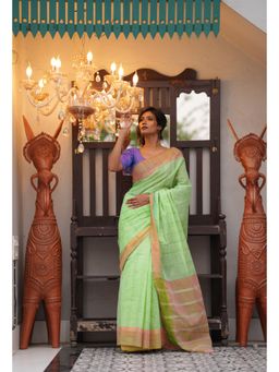 Unnati Silks - Green Pure Handloom Mangalgiri Cotton Saree with Unstitched Blouse