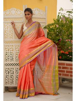 Unnati Silks - Salmon Orange Pure Handloom Mangalgiri Cotton Saree with Unstitched Blouse