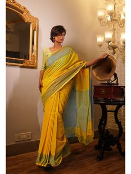 Unnati Silks - Yellow Pure Handloom Mangalgiri Cotton Saree with Unstitched Blouse