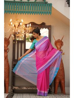 Unnati Silks - Pink Pure Handloom Mangalgiri Cotton Saree with Unstitched Blouse