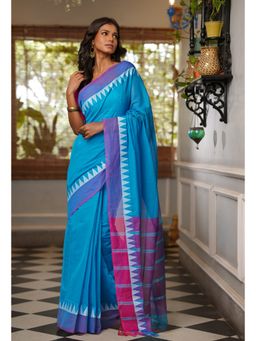 Unnati Silks - Blue Pure Handloom Mangalgiri Cotton Saree with Unstitched Blouse