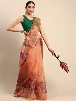 Sangam Prints - Peach Organza Digital Print Festival Saree with Unstitched Blouse