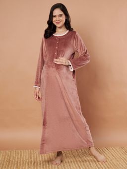 Secret Wish - Pink Solid Velvet Winter Maternity Nighty