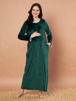 Secret Wish - Bottle Green Solid Velvet Winter Maternity Nighty