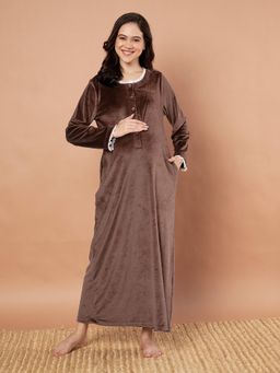 Secret Wish - Brown Solid Velvet Winter Maternity Nighty