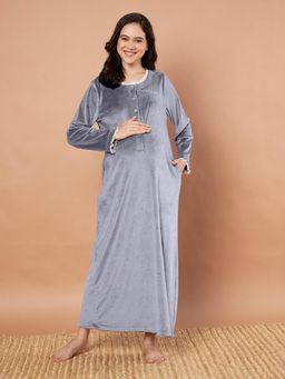 Secret Wish - Grey Solid Velvet Winter Maternity Nighty
