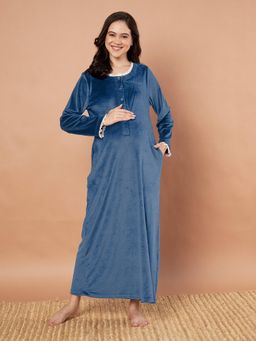 Secret Wish - Teal Solid Velvet Winter Maternity Nighty