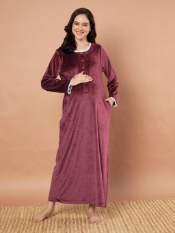 Secret Wish - Burgundy Solid Velvet Winter Maternity Nighty