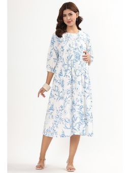 Putchi - Cotton 3/4 Sleeves Woven Flared Bluebell Bloom Feeding Dress - Pearl White