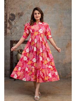 Putchi - Cotton Notched V-Neck Elbow Sleeves Curved Cosmos Bloom Feeding Dress - Rose Pink