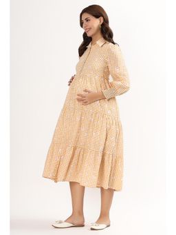 Putchi - Cotton Full-Length Sleeves Flared Caramel Grid Feeding Dress - Caramel Beige