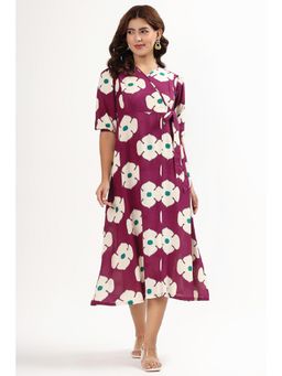 Putchi - Cotton V Neck Elbow Sleeves Woven Flared Mulberry Blossom Feeding Dress - Grapevine