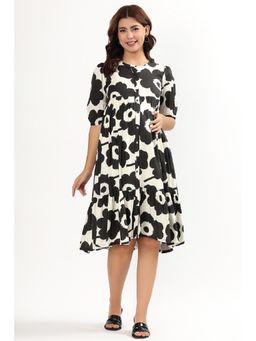 Putchi - Cotton Elbow Sleeves Flared Monochrome Bloom Feeding Dress - Shadow Black