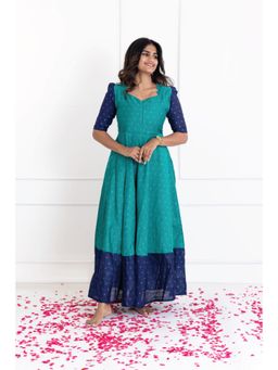 Putchi - Silk Cotton Diamond Neck Elbow Sleeves Straight Mrinali Feeding Dress - Teal Horizon