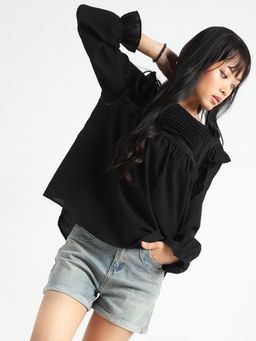 Sera - Black Pleated Yoke Ruffle Top