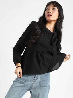 Sera - Black Bow Tie Peplum Stylish Long Sleeve Top