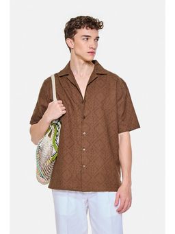 Snitch - Brown Jacquard Half Sleeves Boxy Shirt for Men