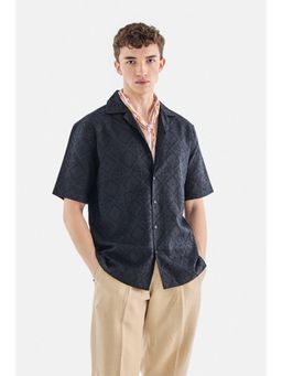 Snitch - Black Jacquard Half Sleeves Boxy Shirt for Men