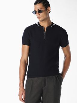 Jack & Jones - Men Navy Blue Textured Zip-Neck T-shirt