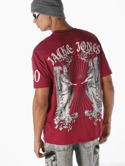 Jack & Jones - Men Maroon Printed Oversized T-shirt