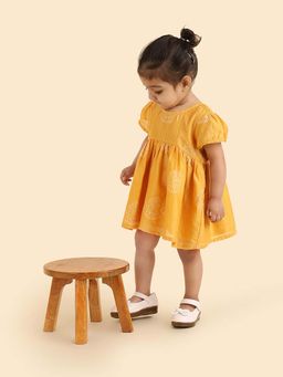 Fabindia - Yellow Cotton Silk Blend Hand Block Printed Dress