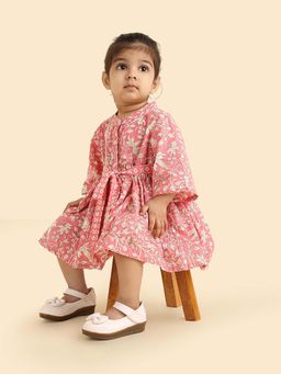Fabindia - Pink Cotton Hand Block Printed Dress with Belt