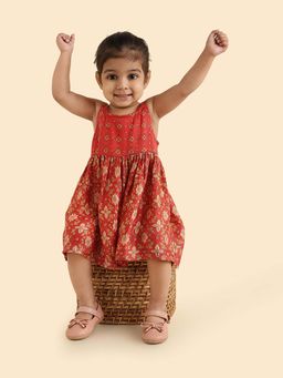 Fabindia - Red Rayon Blend Hand Block Printed Dress