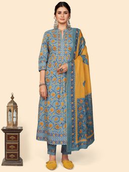 Vbuyz - Printed A-line With Side Slit Cotton Teal Stitched Kurta Pant With Dupatta (Set of 3)