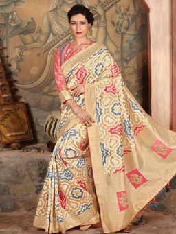 Odette - Beige Weaved Silk Designer Saree with Unstitched Blouse