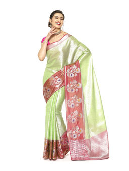 Banarasi Silk Works - Green Zari Kanchi Silk Tanchoi Meena Saree with Unstitched Blouse