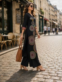 BERRYLICIOUS - Women Black Cotton Embroidered Kurta and Palazzo