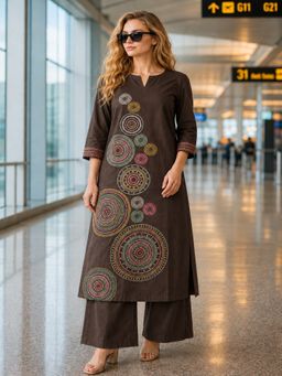 BERRYLICIOUS - Women Brown Cotton Embroidered Kurta and Palazzo