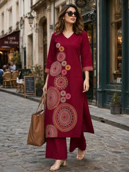 BERRYLICIOUS - Women Maroon Cotton Embroidered Kurta and Palazzo