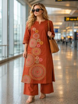 BERRYLICIOUS - Women rust Cotton Embroidered Kurta and Palazzo