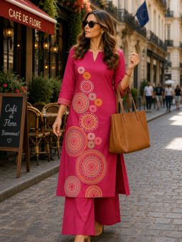 BERRYLICIOUS - Women Pink Cotton Embroidered Kurta and Palazzo