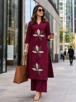 BERRYLICIOUS - Women Wine Cotton Embroidered Kurta and Palazzo