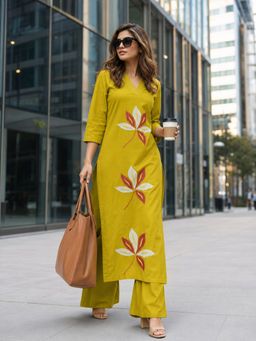 BERRYLICIOUS - Women Mustard Cotton Embroidered Kurta and Palazzo