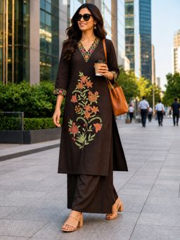 BERRYLICIOUS - Women Brown Cotton Embroidered Kurta and Palazzo