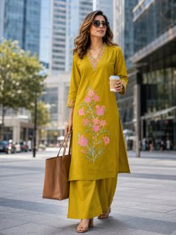 BERRYLICIOUS - Women Mustard Cotton Embroidered Kurta and Palazzo